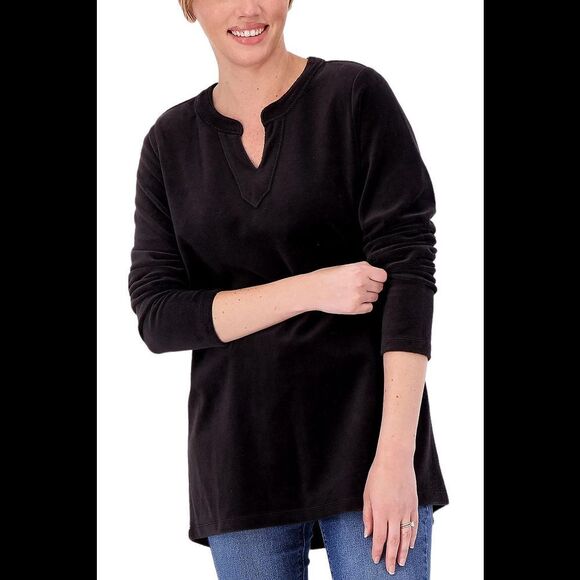 Denim & Co. Velour Split Banded V-Neck Hi-Low Tunic Black - Regular - Picture 1 of 2